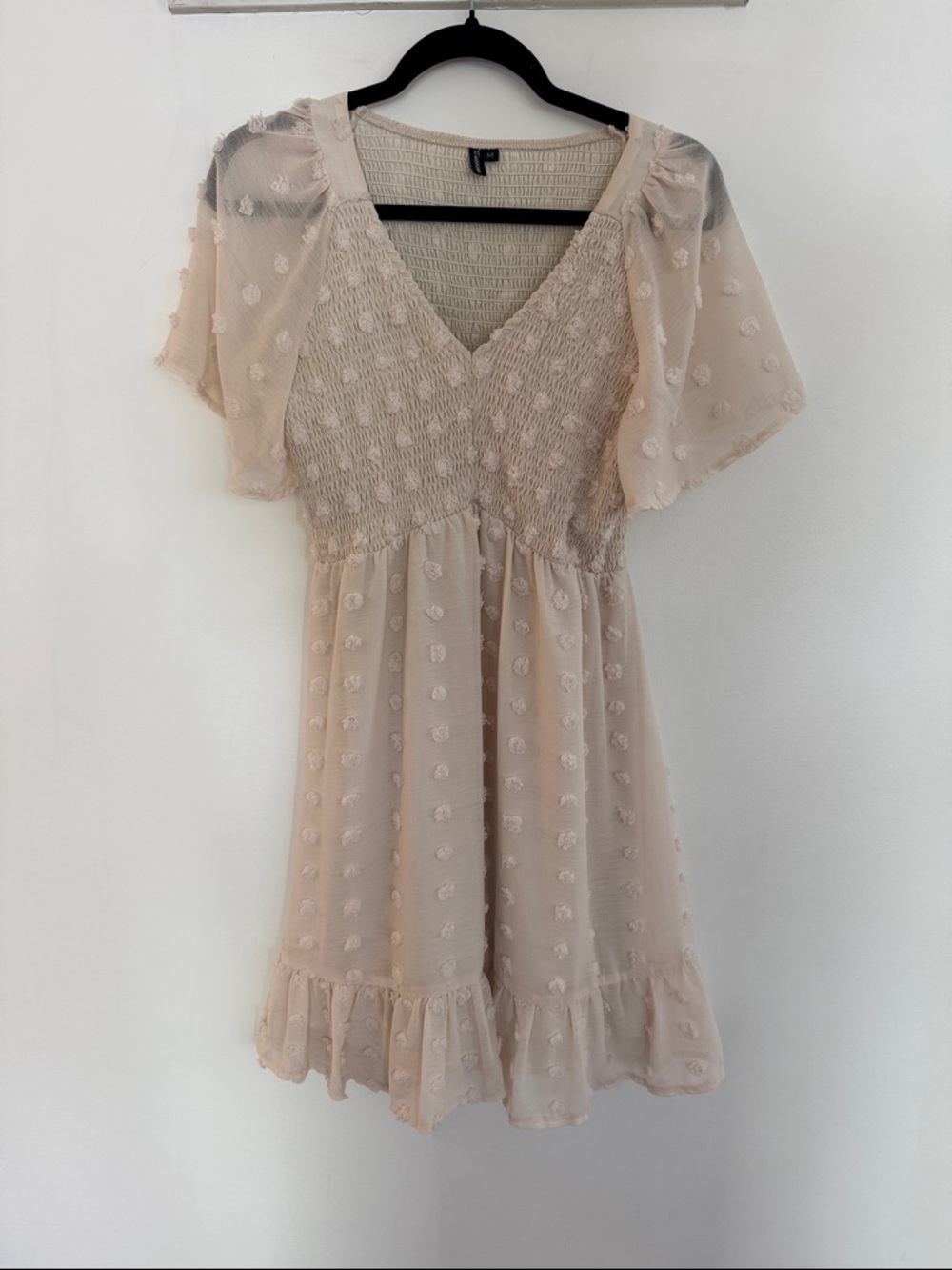 Ivory Swiss Dot Smocked V-Neck Mini Dress